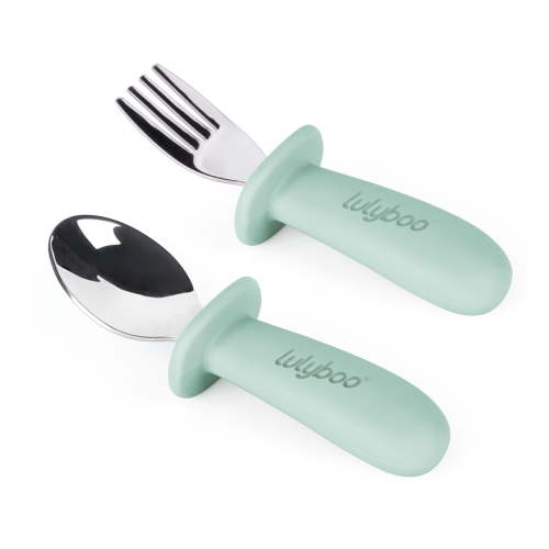 Lulyboo Baby Silverware, Self Feeding Baby & Toddler Stainless Steel Spoon & Fork Set, Blue