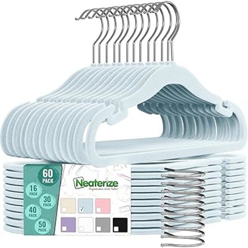 Velvet Kids Hangers 60 Pack - Blue Toddler Hangers with Notches, Heavy Duty Non-Slip Velvet Baby Hanger