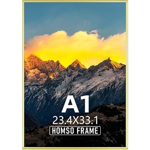 A1 Poster Frame in Gold - 23.4 x 33.1 Frame Metal Aluminum A1 Frame Thin Border A1 Picture Frames with Shatter-Resistan Acrylic for Horizontal or Vertical Wall Display