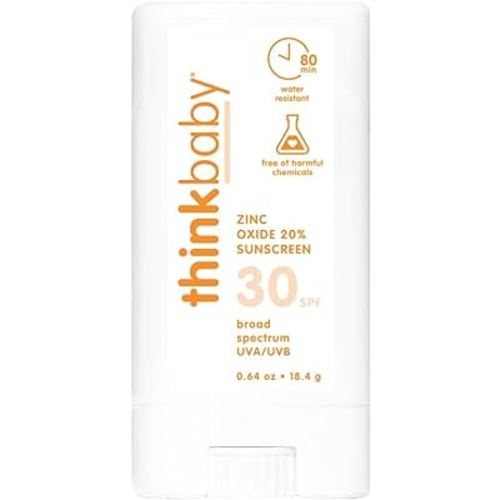 Thinkbaby SPF 30 Sunscreen Stick – Safe, Natural, Water Resistant Sun Cream for Babies, Kids & Adults – Vegan, Mineral UVA/UVB Sun Protection – Reef Friendly Travel Stick, 0.64oz