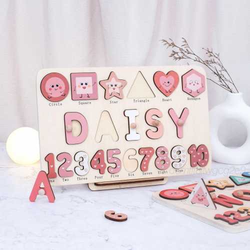 Wooden Name Puzzle - Baby Busy Board - Combining geometry and numbers - Personalised Children's Gift - birthday Gift