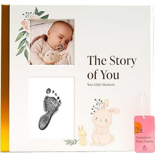 Baby Memory Book for Baby Boy or Girl - Baby Book Keepsake with Ink Pad and Two Personalized Frames - Record Every Event from Birth to Age 5 Gender Neutral Scrapbook - Baby Gifts Gender Neutral