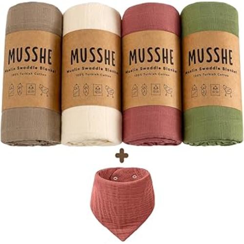 5 Pack Baby Muslin Swaddle Blankets and Muslin Drool Bibs - 100% Organic Turkish Cotton Baby Blanket, Swaddles for Newborns, Baby Wraps for Baby Boys and Baby Girls (40x40 Inches) (Set of 2-5 Pack)