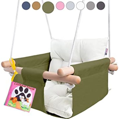CaTeam - Canvas Baby Swing, Wooden Hanging Swing Seat Chair with Safety Belt, Durable Baby Hammock Chair, Outdoor and Indoor Swing for Kids, Mounting Hardware Included, Green