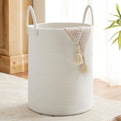 White Woven Rope Laundry Basket by TECHMILLY, 58L Baby Nursery Hamper for Clothes Blanket Storage, Large Tall Laundry Hamper for College Dorm, Bedroom, Living Room - Tall(58L)