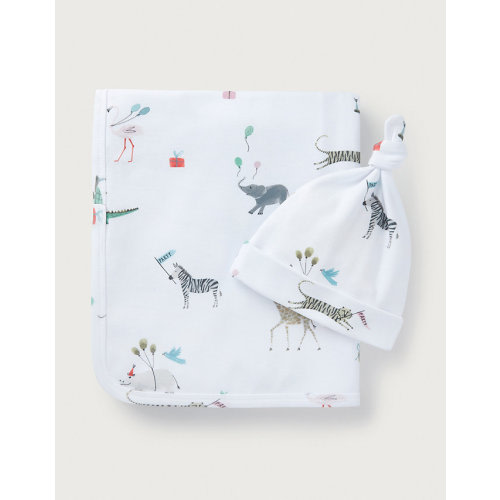 Organic Cotton Party Animals Reversible Blanket & Hat Set (0–12mths) | View All Baby | The White Company US