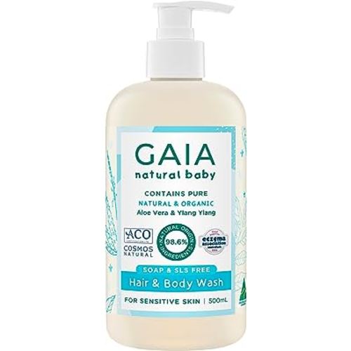 GAIA Natural Baby Hair & Body Wash | Certified Natural | Suitable for Newborns | Sensitive Skin formula | organic Aloe Vera | Soap Free | Perfume Free | Gentle Baby Wash | Australian Made | 500mL