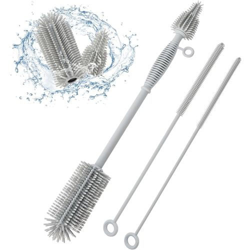 Bottle Brush and Straw Cleaner Brush Set, Extra Long Double-Ended Soft Silicone Brush Cleaner for Baby Bottles, Water Bottles, Cups, Breast Pumps, Detachable & Hangable - Gray