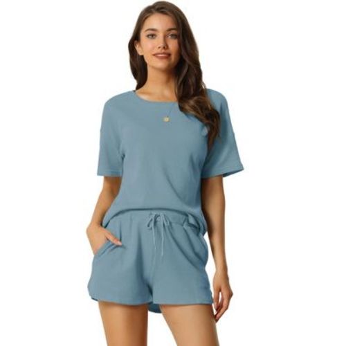 cheibear Women's Casual Pullover Short Sleeve Sleepshirt with Shorts Waffle Knit Lounge Pajama Sets Large Green