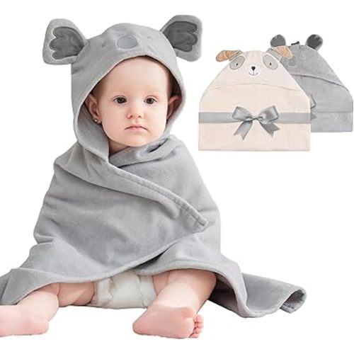 Mooreeke 2 Pack Baby Towels - 100% Cotton Baby Hooded Towels - Soft Baby Bath Towels with Hood for Newborn - Comfort Towels for Baby Girls and Boys - Animal Shaped Design (Puppy & Koala)