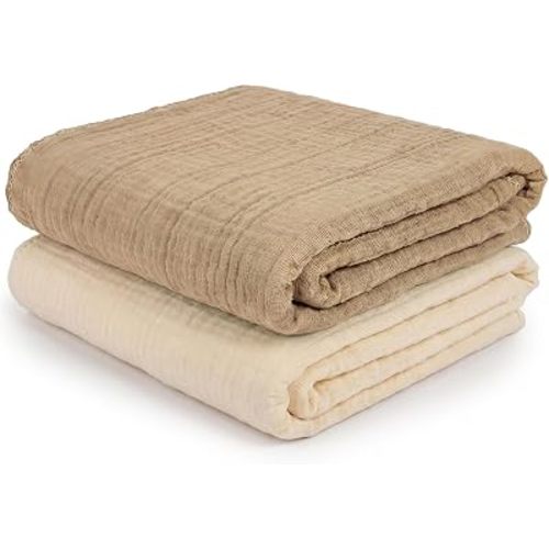 Mère & Moi: Muslin Baby Blanket – 2 Pack, Sand & Cream - 40x36", Double Layer Cotton Swaddle, Lightweight-Breathable, Oeko-TEX, Newborn-Toddler Wrap