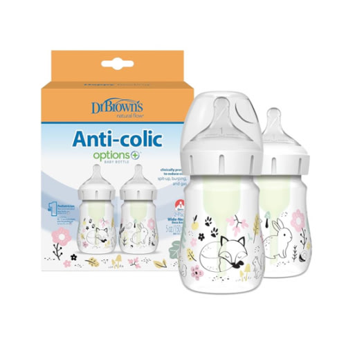 Dr. Brown’s Natural Flow Anti-Colic Options+ Wide-Neck Baby Bottle Designer Edition Bottles, Woodland Decos, 5 oz/150 mL, Level 1 Nipple, 2-Pack, 0m+