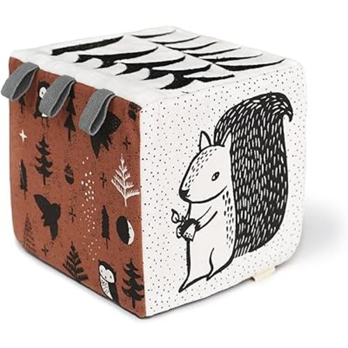 Wee Gallery Soft Block, Woodland - Sensory Stimulation Baby Toy, High Contrast for Vision, Organic Fabric, Crinkle Flap, Texture, Tags to Grip, Tummy Time Activity for Babies Ages 0-3-6-9-12-24 Months