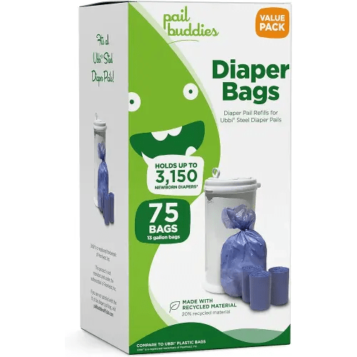Pail Buddies Diaper Bags, 75 Count, Fresh Powder Scent, Compatible with Ubbi Diaper Pail, Made with Recycled Material, 13 Gallon Capacity, Strong and Durable