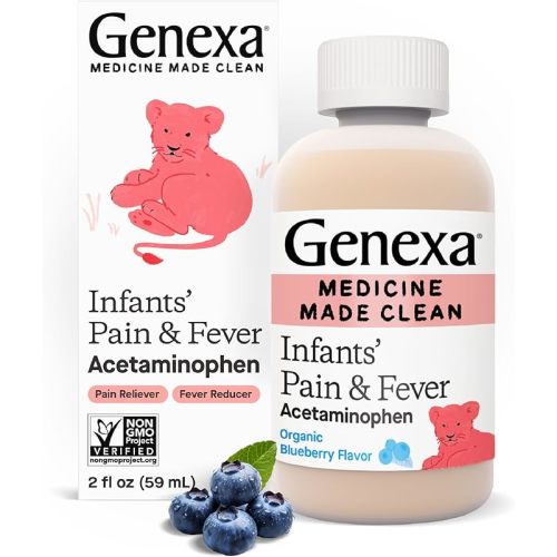 Genexa Infants’ Clean Pain & Fever Acetaminophen, Dye Free, Organic Blueberry Flavor, 0% Artifical Additives, Liquid Oral Suspension Medicine for Baby, 160 mg per 5mL, 4 Fl Oz