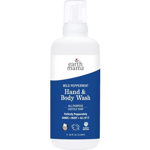 Earth Mama Wild Peppermint Hand & Body Wash | Foaming Hand Soap Refill, Castile Soap Liquid Made with Organic Wild Mint & Peppermint Oil, 34 fl oz