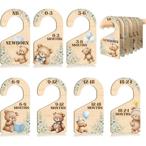 7 PCS Bear Closet Dividers for Baby Clothes, Wooden Rustic Nursery Wardrobe Organizer with Double-Sided Size Labels for Newborn to 24 Months, Woodland Baby Room Decor