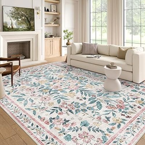Washable Area Rug 5x7 - Botanical Floral Living Room Rug Soft Boho Pink Rugs for Bedroom Girls Vintage Flower Stain Resistant Nursery Dining Room Rugs for Under Table Carpet for Kid Room