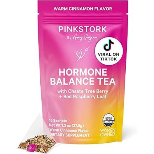 Pink Stork Hormone Balance Tea for Women – Red Raspberry Leaf & Chasteberry (Vitex) – Organic Herbal Tea for PMS, Menstrual Cycle & Perimenopause Support – Caffeine-Free Cinnamon Blend – 30 Cups