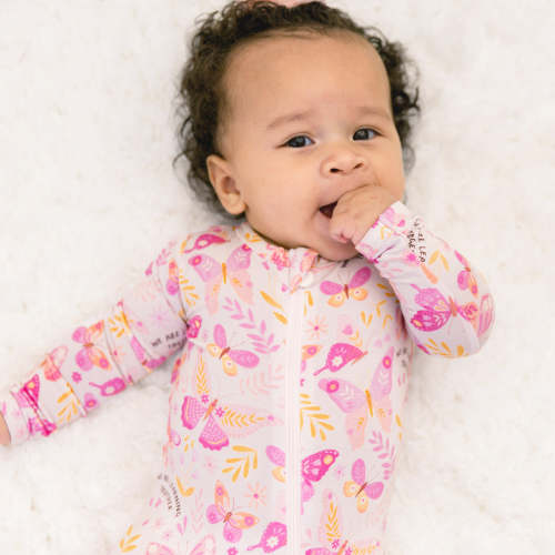 Butterfly Smoochies | Bamboo Footie Onesie Sleeper | "We're Learning Together" | Thermo-Regulating, Double Zipper, 4-Way Stretch