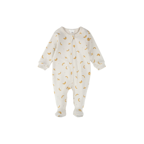 petit lem Ribbed Sleeper Banana Print on Creme Beige
