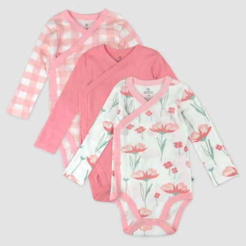Honest Baby Girls' 3pk Long Sleeve Side Snap Floral Bodysuit - Pink 6-9m
