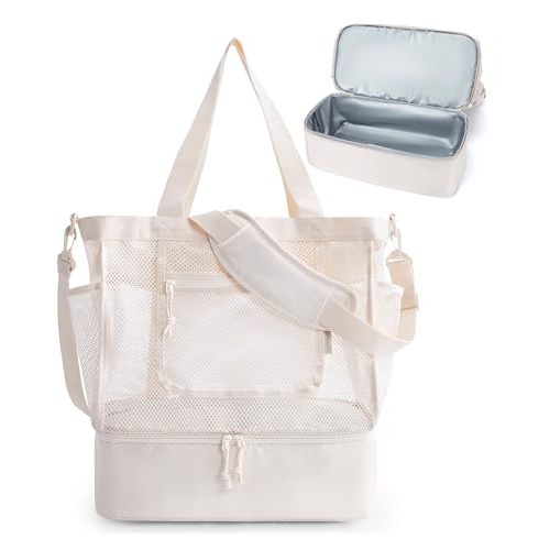 BAGSMART Beach Bag for Women, Mesh Tote Bags with Zipper, Sandproof Vacation Essentials with Cooler for Swim Cruise Pool