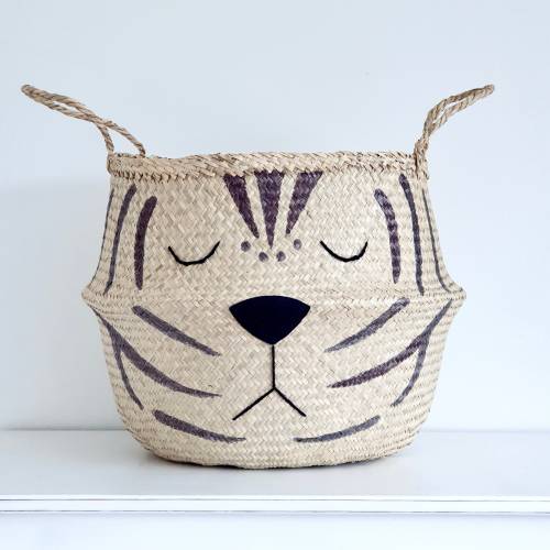 Extra large natural tiger belly basket storage wicker laundry holder face animal cute gift quirky kids bedroom nursery