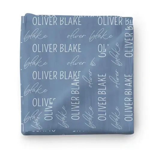 Personalized Steel Blue Baby Name Swaddle Blanket | Block Script