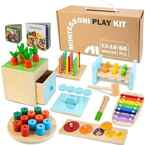 Wooden Montessori Toys for 1+ Year Old, 9 in 1 Learning Educational Toys for Toddler with Educational Box, Xylophone, Pound Bench, Shape Puzzle and More, Baby Toy Gift for 12-18 Months