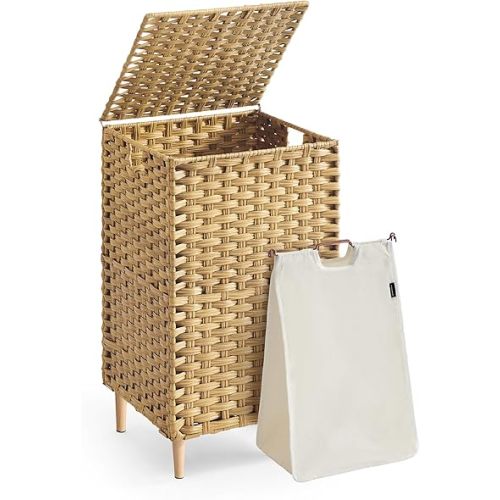 SONGMICS Laundry Hamper with Lid, PE Rattan Laundry Basket with Removable Liner, Storage Basket for Bedroom Living Room, 25 Gallons (95 L), Goose Yellow ULCB221YE01