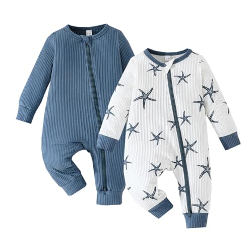 Bafeicao Unisex Baby Boy Girl 2 Pack Rompers Long Sleeve Two Way Zipper Romper One Piece Jumpsuits Clothes Sets