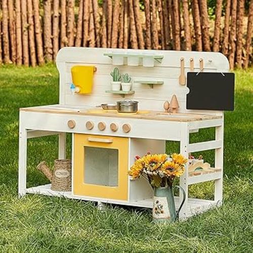 Giant bean Mud Kitchen for Kids Outdoor, Deluxe Wooden Toy Play Kitchen Set for Boys and Girls Ages 3-8 Indoor & Outdoor Activities, with Sand and Water Sink, Blackboard and Kitchen Accessories