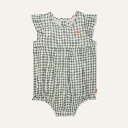 Gingham Linen Baby Girl Romper - Natural/faded Denim – Manymoons