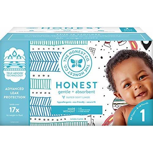 The Honest Company Club Box Diapers with TrueAbsorb Technology, Teal Tribal & Space Travel, Size 1, 80 Count - 80 Count (Pack of 1)