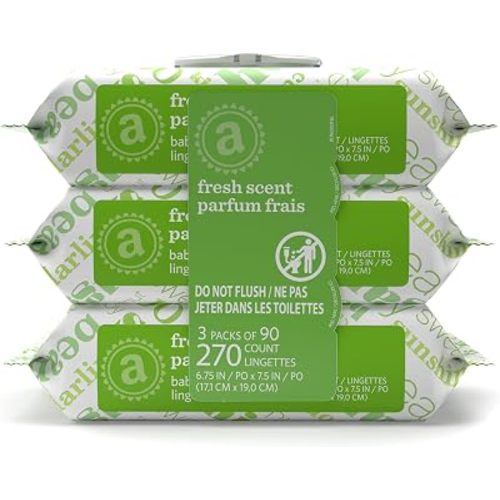 Amazon Elements Baby Wipes, Fresh Scent, Flip-Top Packs, Alcohol-Free, With Cucumber and Aloe, 270 Count, 3 Packs of 90