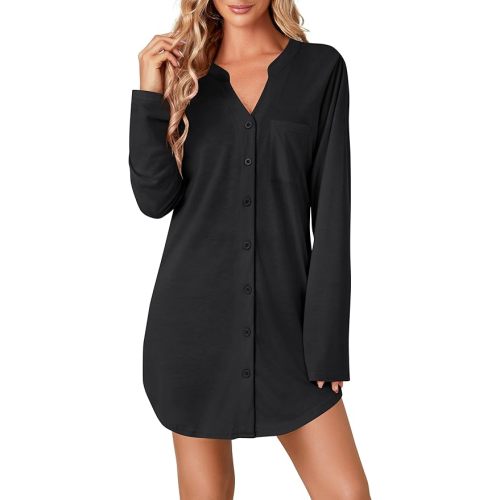 Vrtige Women's Striped Nightshirt Button Down Long Sleeve Nightdress Nightgown with Pocket