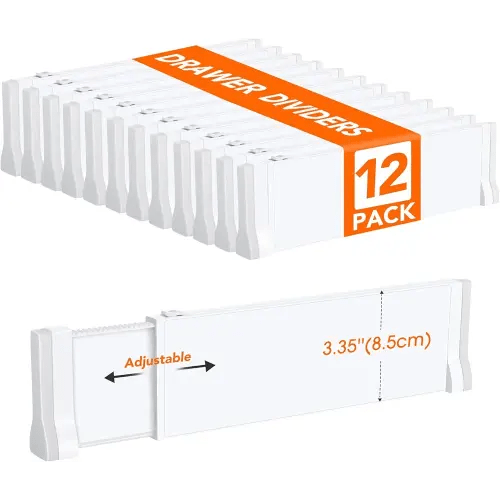 12 Pack Drawer Dividers for Clothes, 11.6''-19.6'' Adjustable Drawer Organizers 3.35'' High Expandable Separators Dresser Organizer for Clothes Kitchen Office Bathroom Drawer Organizers