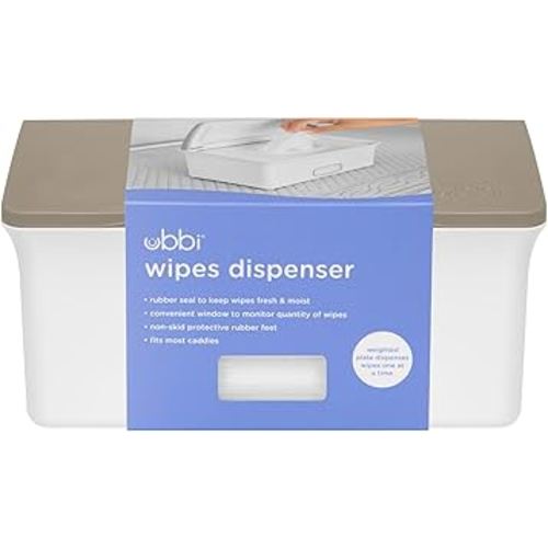 Ubbi Baby Wipes Dispenser with Weighted Plate and Secure Seal, Nursery and Baby Registry Essential to Keep Wipes Fresh, Taupe