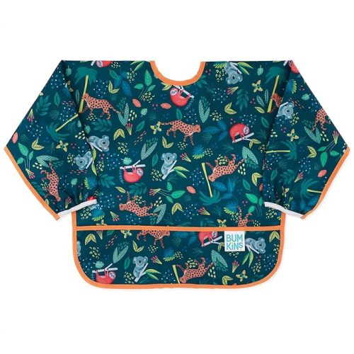 Bumkins Sleeved Bib for Girl or Boy, Baby and Toddler for 6-24 Mos, Essential Must Have for Eating, Feeding, Baby Led Weaning Supplies, Long Sleeve Mess Saving Food Catcher, Fabric, Dinosaur Gray - F3 Jungle