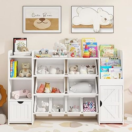 Vabches 55" Large Kids Toy Organizer with 8 Toy Storage Tubs, Storage Boxes and Storage Racks, Tiered Bookshelf and 7 Storage Cubbies, Kids Bookshelf, Playroom Storage and Storage Boxes