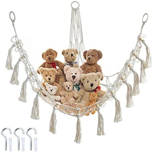 Boho Stuffed Animal Toy Corner Hammock- Large Size Macrame Toy Hammock with 3pcs Non-Trace Nails Hanging Toy Organizer Storage Net for Kids Bedroom Nursery Play Room Boho decor room decor