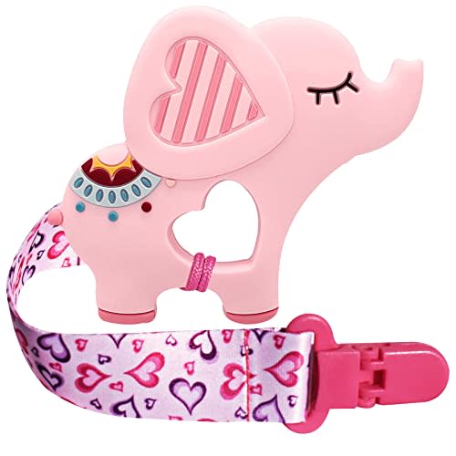 BIGSPINACH 1 Soft Dinosaur Teether for Babies and 1 Baby Pacifier Clip, Valentines Day Gifts for Baby Girl Boy,Silicone Chew Toys (Pink Elephant)