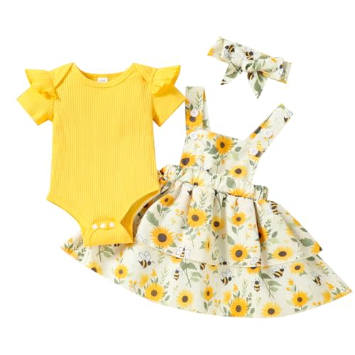 HPSOM Baby Girl Summer Clothes Outfits Short Sleeve Cute Romper Overall Skirt Dress Headband 3PCS Newborn Outfit