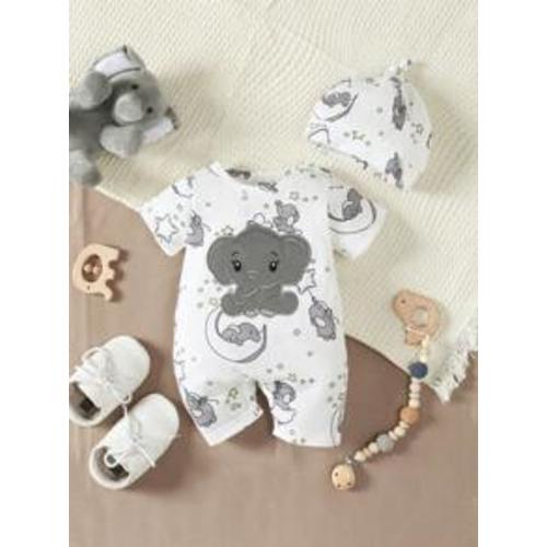 SHEIN Newborn Baby Boys' Casual Cute Cartoon Elephant Pattern Round Neck Short Sleeve Romper With Shoulder Snaps, Shorts And Hat | SHEIN USA