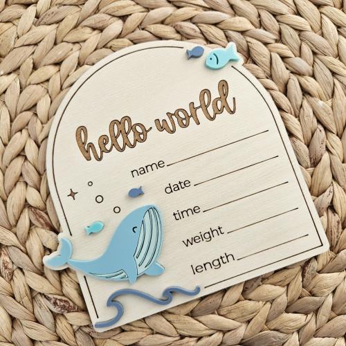 Whale Ocean Themed Hello World Birth Announcement Sign | Newborn Baby Name Sign | Birth Announcement Plaque | Baby Arrival Hospital Sign