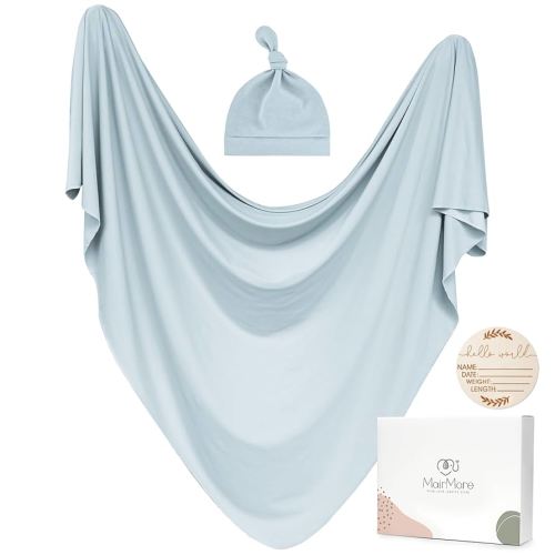 Baby Swaddle Receiving Blankets with Matching Beanie Set Newborn Nursery Swaddle Wrap for Baby Girls and Boys (Blue)