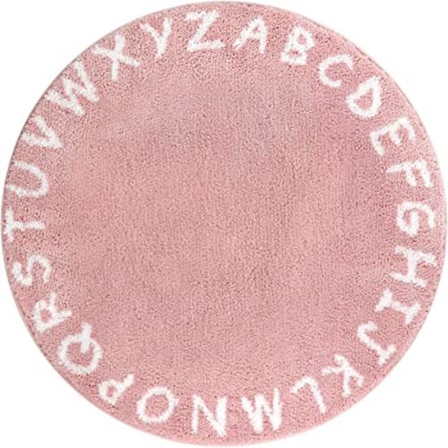 Lahome ABC Alphabet Kids Round Rug - 4' Diameter Pink Washable Area Rugs, Non-Slip Baby Rug Soft Playtime Collection, Cute Furry Plush Shaggy Floor Carpet for Bedroom Playroom Nursery Room