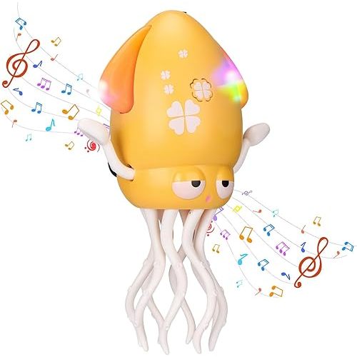 Magic Electric Dancing Octopus Toy with Led Light and Music,Automatic Evasion Crawling Dancing Octopus Musical Toys with Fishing Rod,Dancing Squid Toy Baby Must Have,Tummy Time Baby Toys,Yellow