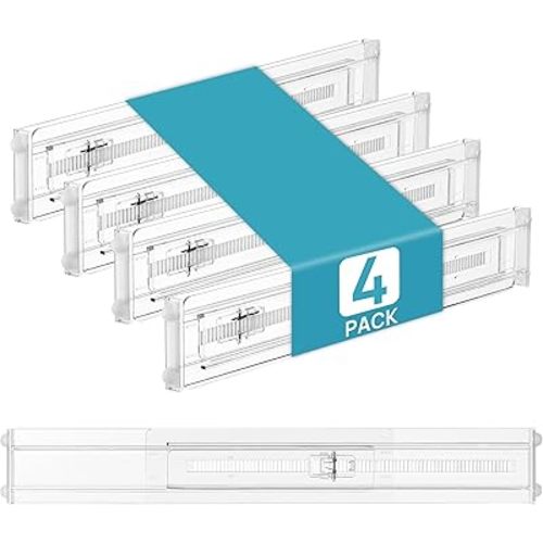 Vtopmart 4 Pack Shallow Drawer Dividers, 2.36" High 12.5"-20.8" Adjustable Expandable Kitchen Drawer Organizer, Clear Plastic Organizer Separators for Flatware, Utensil, Cutlery, Underwear, Clothes